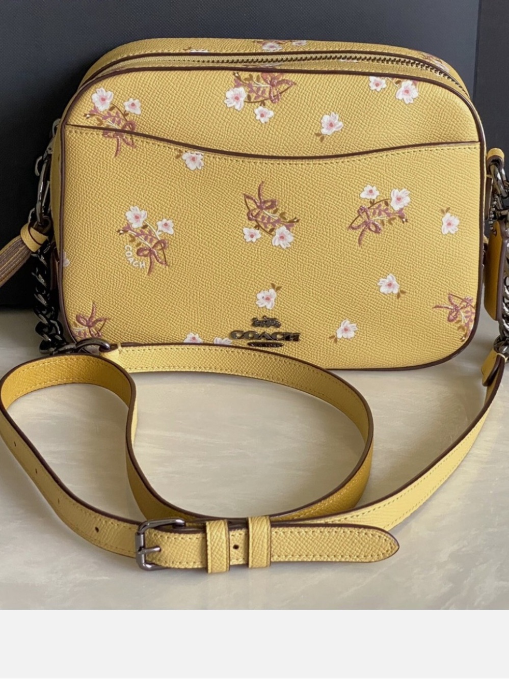 COACH Jes F81001 Yellow Pink Floral Bow Gunmetal Chain Crossbody Camera Bag NWOT